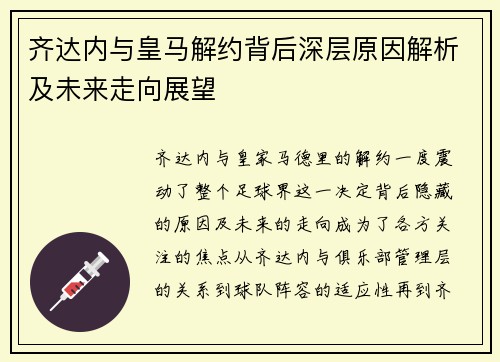 齐达内与皇马解约背后深层原因解析及未来走向展望